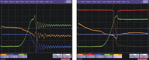 Figure 4. Left: standard module switched with 400 A (turn-off) and a DC link bias of 700 V; the green trace shows the voltage; blue (left) or yellow (right) the current; and orange the gate signal. Right: new module approach, DC link bias now 900 V.